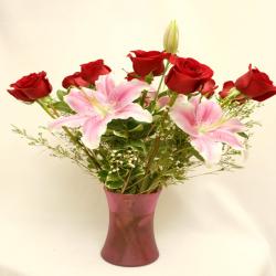 Dozen Red Roses And Lilllies In Vase